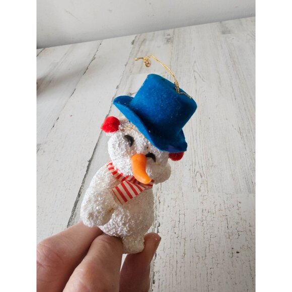 Antique vintage Frosty snowman ornament flocked blue top hat Xmas tree glitter f - Picture 8 of 10